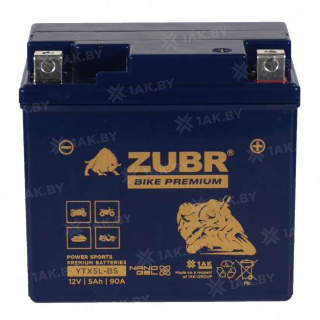 Аккумулятор для мотоцикла ZUBR (5 Ah) 90 A, 12 V Обратная, R+ YTX5L-BS YTX5L-BS (ZubrPrem) 2