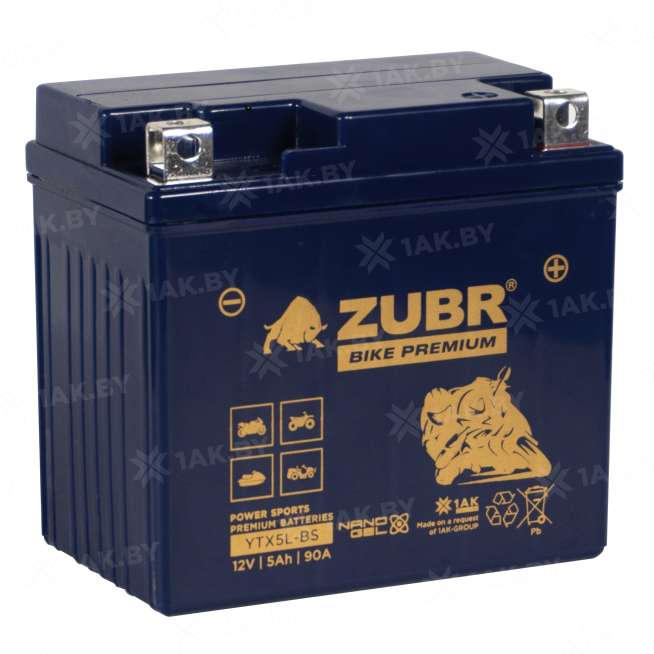 Аккумулятор для мотоцикла ZUBR (5 Ah) 90 A, 12 V Обратная, R+ YTX5L-BS YTX5L-BS (ZubrPrem) 0