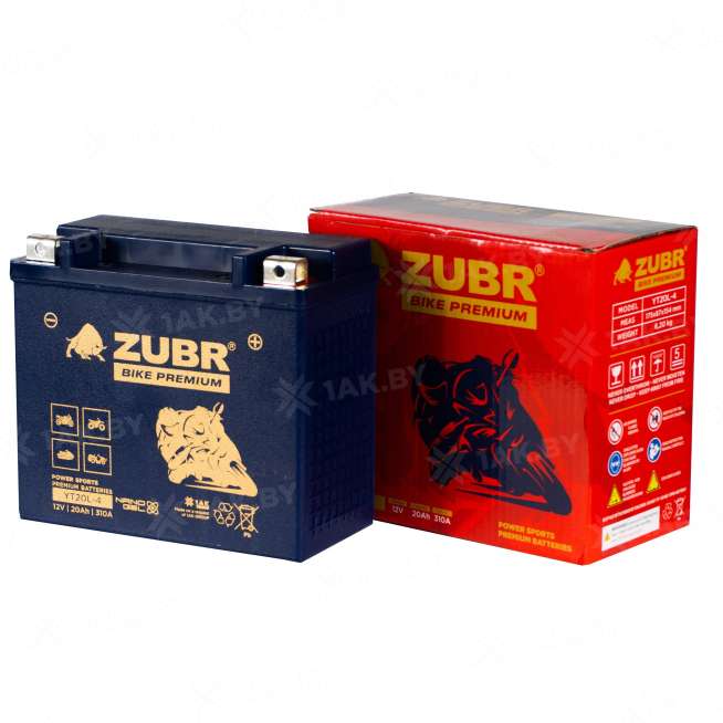 Аккумулятор для мотоцикла ZUBR (20 Ah) 310 A, 12 V Обратная, R+ YT20L-4 YT20L-4 (ZubrPrem) 1