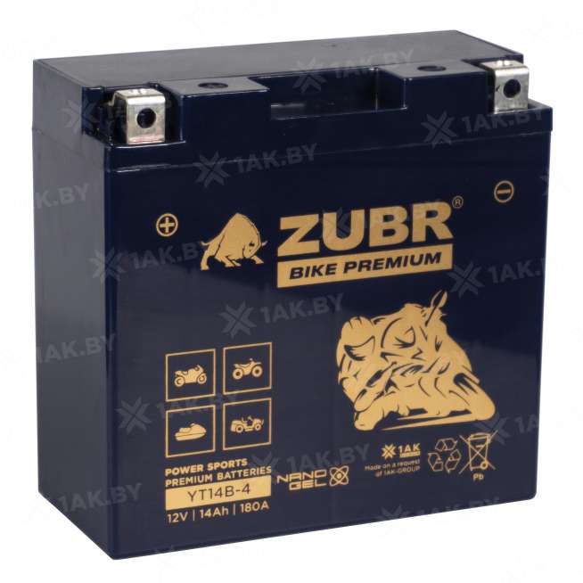 Аккумулятор для мотоцикла ZUBR (14 Ah) 180 A, 12 V Прямая, L+ YT14B-4 YT14B-4 (ZubrPrem) 0