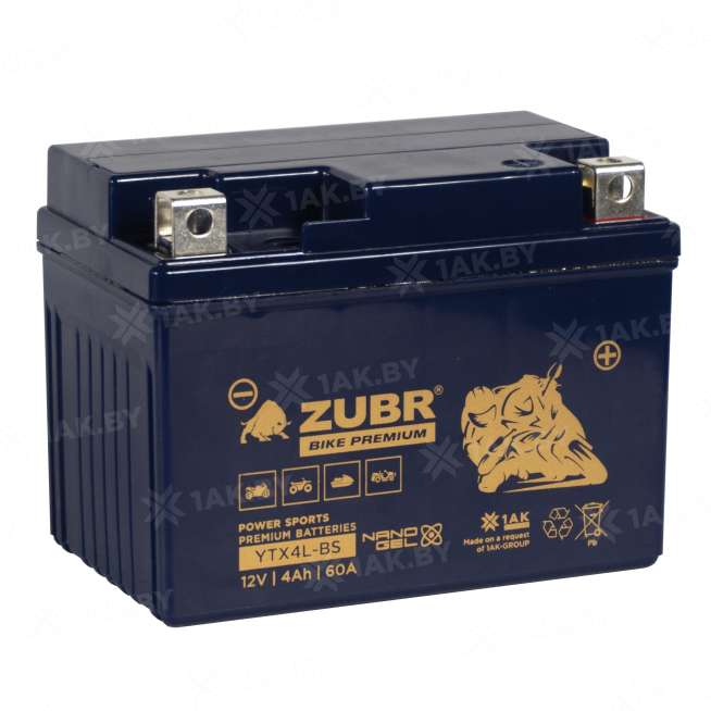Аккумулятор для мотоцикла ZUBR (4 Ah) 60 A, 12 V Обратная, R+ YTX4L-BS YTX4L-BS (ZubrPrem) 0