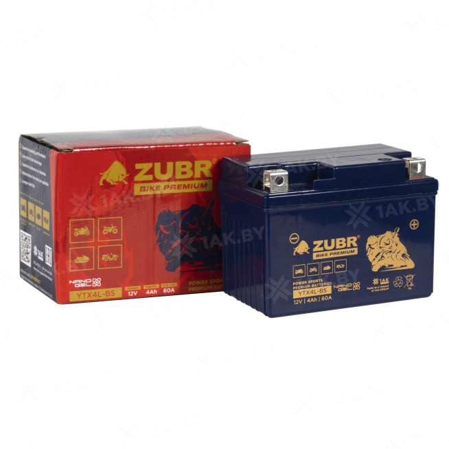 Аккумулятор для мотоцикла ZUBR (4 Ah) 60 A, 12 V Обратная, R+ YTX4L-BS YTX4L-BS (ZubrPrem) 1