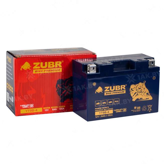 Аккумулятор для мотоцикла ZUBR (8 Ah) 135 A, 12 V Прямая, L+ YT9B-4 YT9B-4 (ZubrPrem) 1