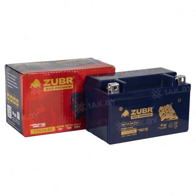 Аккумулятор для мотоцикла ZUBR (7 Ah) 125 A, 12 V Прямая, L+ YTX7A-BS YTX7A-BS (ZubrPrem) 1