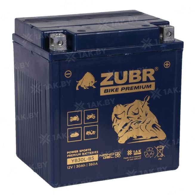 Аккумулятор для мотоцикла ZUBR (30 Ah) 360 A, 12 V Обратная, R+ YB30L-BS YB30L-BS (ZubrPrem) 0