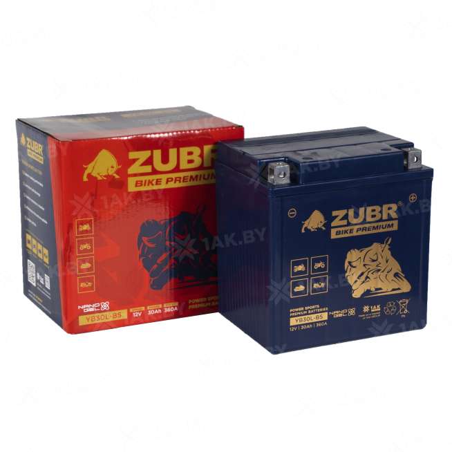 Аккумулятор для мотоцикла ZUBR (30 Ah) 360 A, 12 V Обратная, R+ YB30L-BS YB30L-BS (ZubrPrem) 1