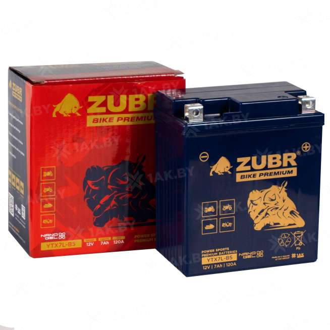 Аккумулятор для мотоцикла ZUBR (7 Ah) 120 A, 12 V Обратная, R+ YTX7L-BS YTX7L-BS (ZubrPrem) 1
