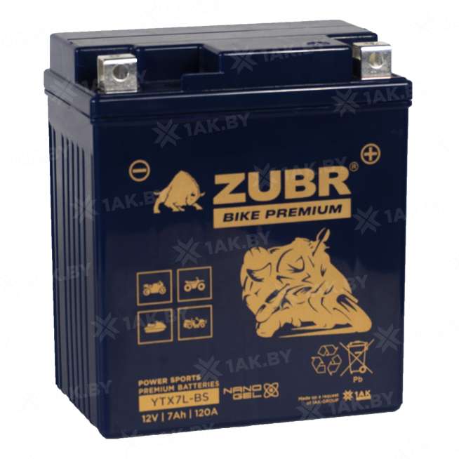 Аккумулятор для мотоцикла ZUBR (7 Ah) 120 A, 12 V Обратная, R+ YTX7L-BS YTX7L-BS (ZubrPrem) 0