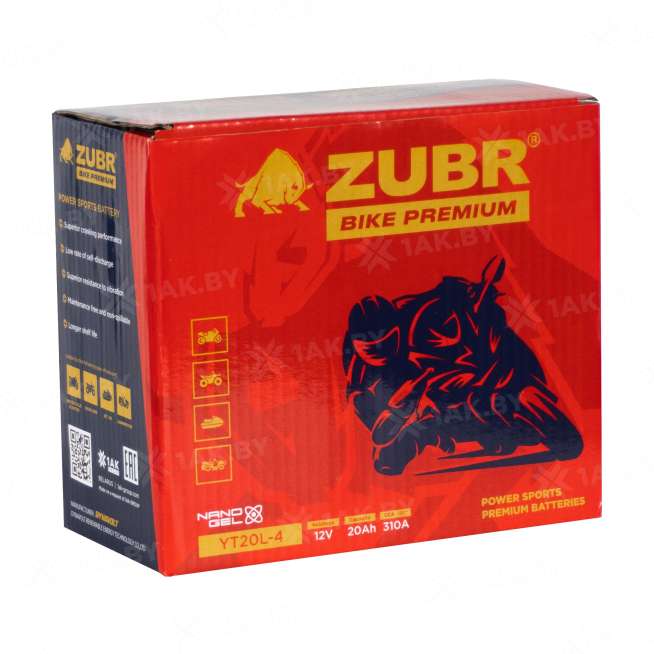 Аккумулятор для мотоцикла ZUBR (20 Ah) 310 A, 12 V Обратная, R+ YT20L-4 YT20L-4 (ZubrPrem) 4