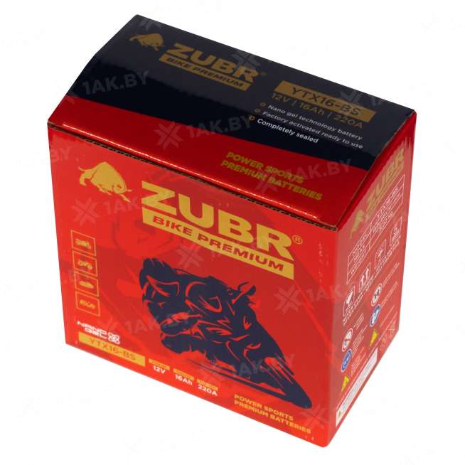 Аккумулятор для мотоцикла ZUBR (16 Ah) 220 A, 12 V Прямая, L+ YTX16-BS YTX16-BS (ZubrPrem) 6