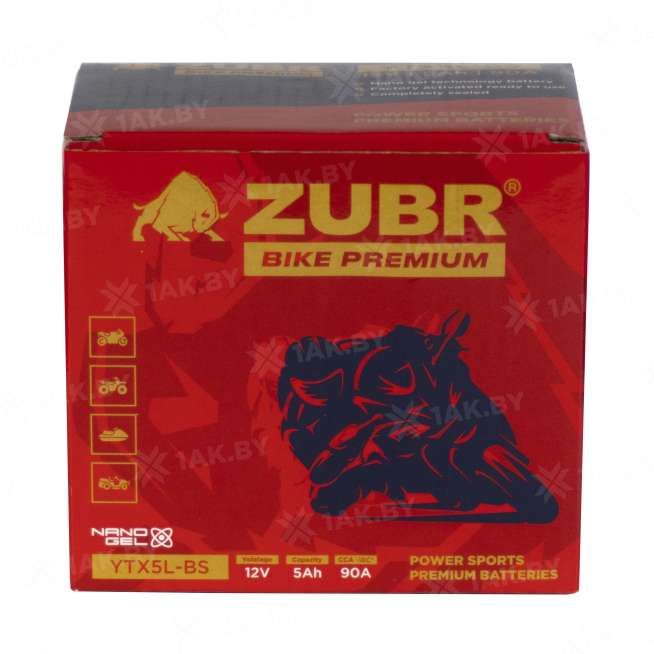 Аккумулятор для мотоцикла ZUBR (5 Ah) 90 A, 12 V Обратная, R+ YTX5L-BS YTX5L-BS (ZubrPrem) 5