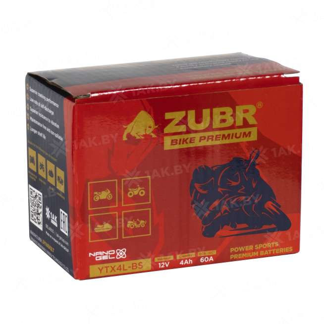 Аккумулятор для мотоцикла ZUBR (4 Ah) 60 A, 12 V Обратная, R+ YTX4L-BS YTX4L-BS (ZubrPrem) 4