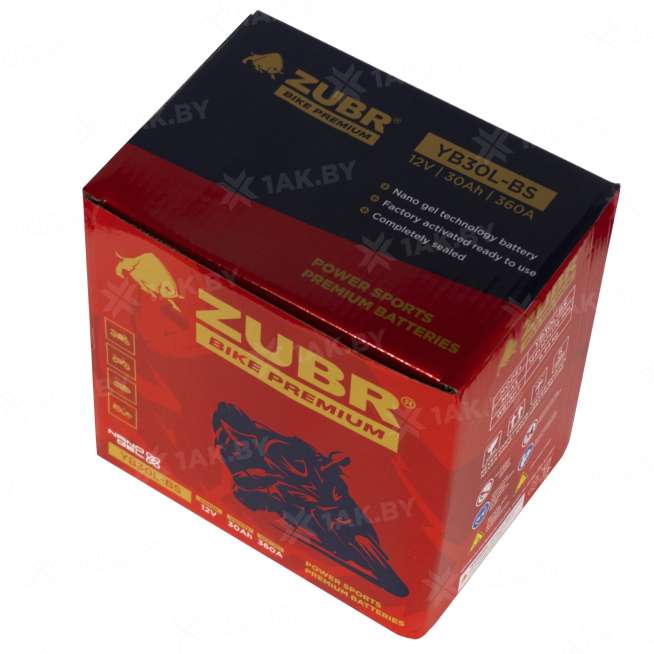 Аккумулятор для мотоцикла ZUBR (30 Ah) 360 A, 12 V Обратная, R+ YB30L-BS YB30L-BS (ZubrPrem) 6