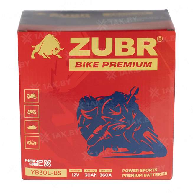 Аккумулятор для мотоцикла ZUBR (30 Ah) 360 A, 12 V Обратная, R+ YB30L-BS YB30L-BS (ZubrPrem) 5