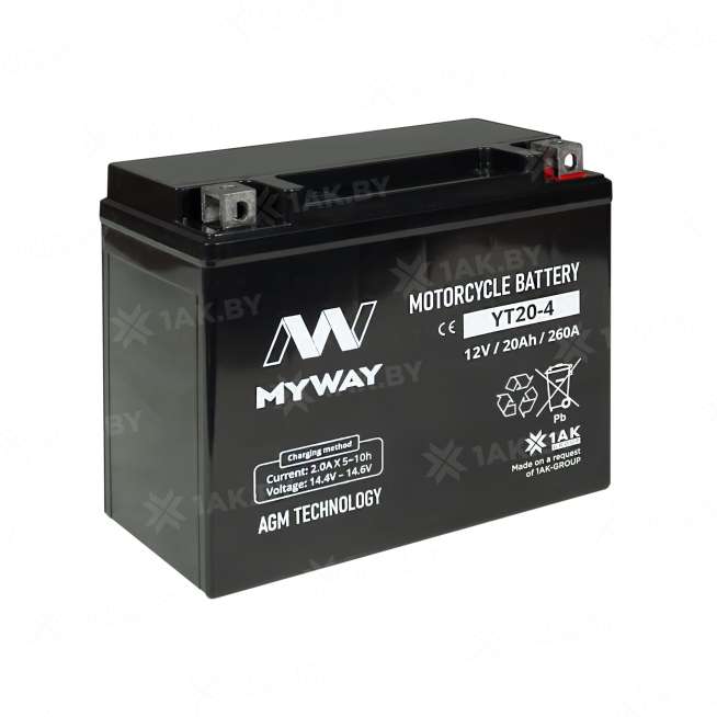 Аккумулятор для мотоцикла MYWAY (20 Ah) 260 A, 12 V Прямая, L+ YT20-4 YT20-4 (MYWAY) 1