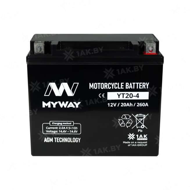 Аккумулятор для мотоцикла MYWAY (20 Ah) 260 A, 12 V Прямая, L+ YT20-4 YT20-4 (MYWAY) 0