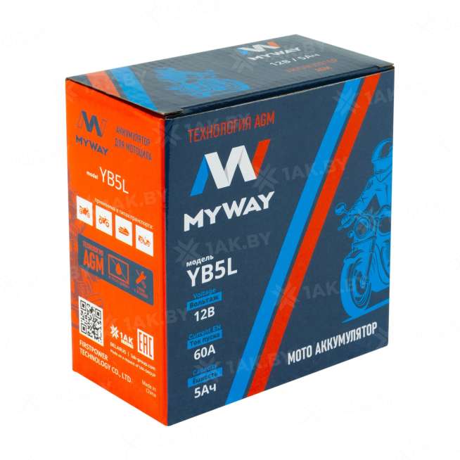 Аккумулятор для мотоцикла MYWAY (5 Ah) 60 A, 12 V Обратная, R+ YB5L-BS YB5L (MYWAY) 2