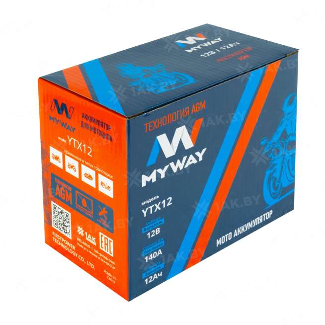 Аккумулятор для мотоцикла MYWAY (12 Ah) 140 А, 12 V Прямая, L+ YTX12-BS YTX12 (MYWAY) 0