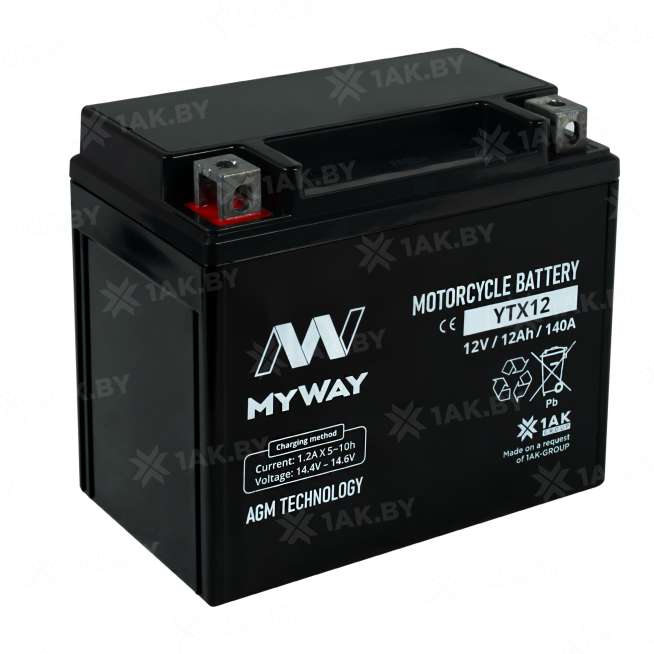 Аккумулятор для мотоцикла MYWAY (12 Ah) 140 А, 12 V Прямая, L+ YTX12-BS YTX12 (MYWAY) 1