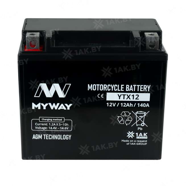 Аккумулятор для мотоцикла MYWAY (12 Ah) 140 А, 12 V Прямая, L+ YTX12-BS YTX12 (MYWAY) 2