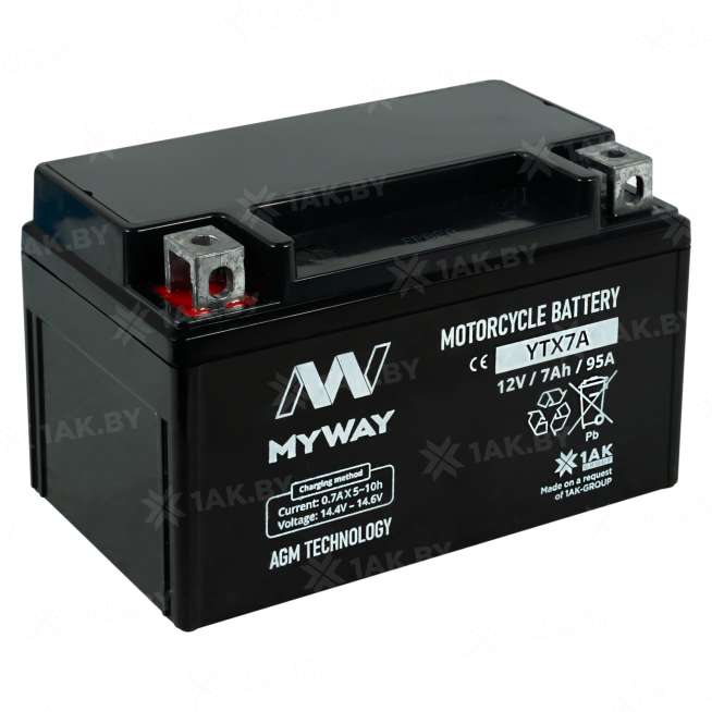 Аккумулятор для мотоцикла MYWAY (7 Ah) 95 A, 12 V Прямая, L+ YTX7A-BS YTX7A (MYWAY) 2