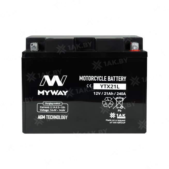 Аккумулятор для мотоцикла MYWAY (21 Ah) 240 A, 12 V Обратная, R+ YTX21L-BS YTX21L (MYWAY) 1