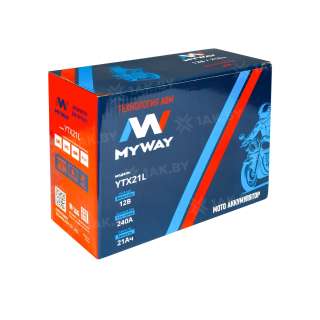 Аккумулятор для мотоцикла MYWAY (21 Ah) 240 A, 12 V Обратная, R+ YTX21L-BS YTX21L (MYWAY)