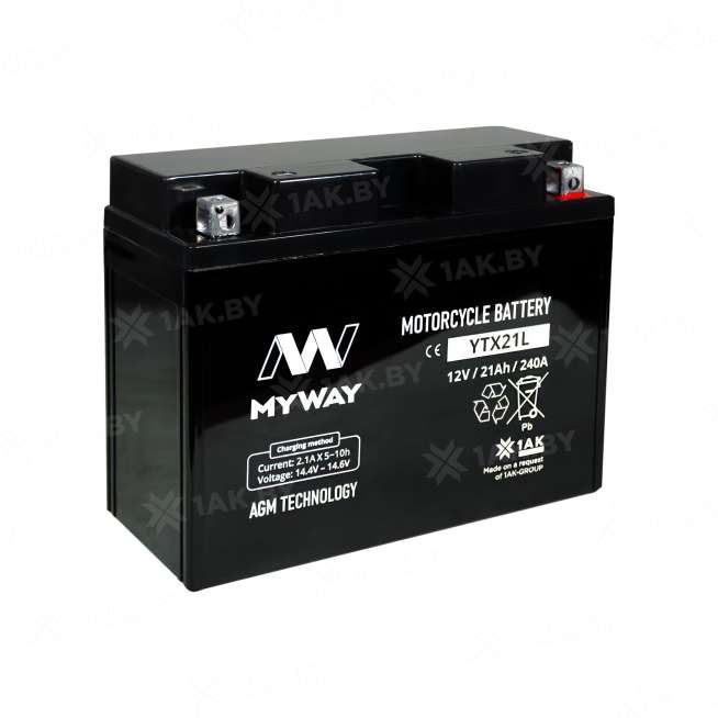 Аккумулятор для мотоцикла MYWAY (21 Ah) 240 A, 12 V Обратная, R+ YTX21L-BS YTX21L (MYWAY) 3