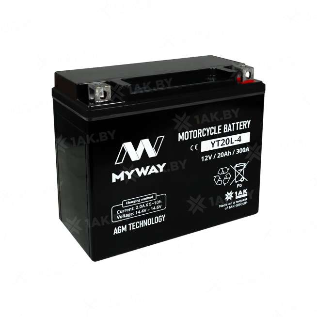 Аккумулятор для мотоцикла MYWAY (20 Ah) 300 A, 12 V Обратная, R+ YT20L-4 YT20L-4 (MYWAY) 1