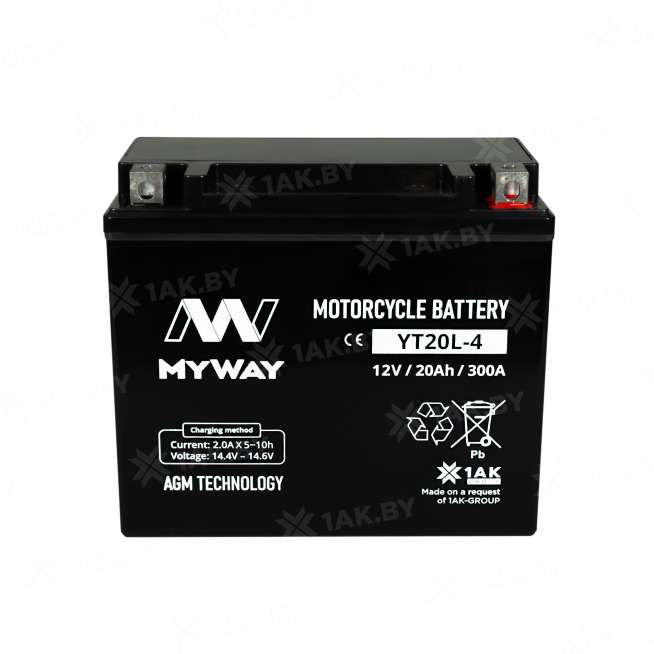 Аккумулятор для мотоцикла MYWAY (20 Ah) 300 A, 12 V Обратная, R+ YT20L-4 YT20L-4 (MYWAY) 0