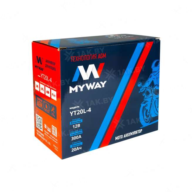 Аккумулятор для мотоцикла MYWAY (20 Ah) 300 A, 12 V Обратная, R+ YT20L-4 YT20L-4 (MYWAY) 3