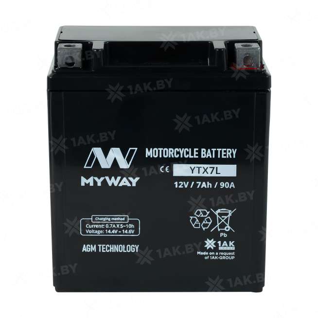 Аккумулятор для мотоцикла MYWAY (7 Ah) 90 A, 12 V Обратная, R+ YTX7L-BS YTX7L (MYWAY) 0