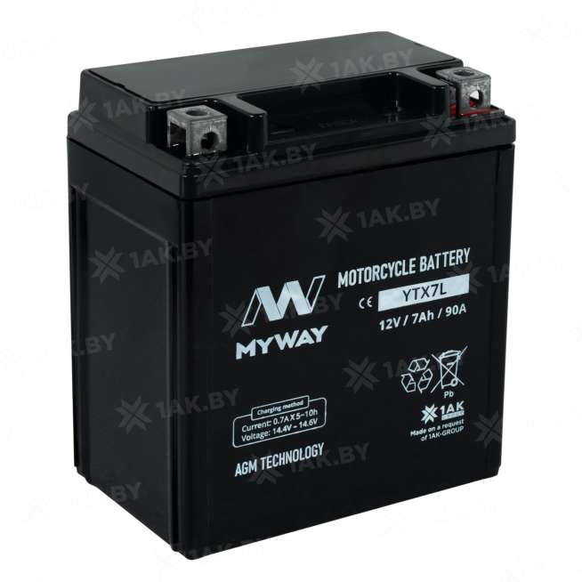 Аккумулятор для мотоцикла MYWAY (7 Ah) 90 A, 12 V Обратная, R+ YTX7L-BS YTX7L (MYWAY) 1