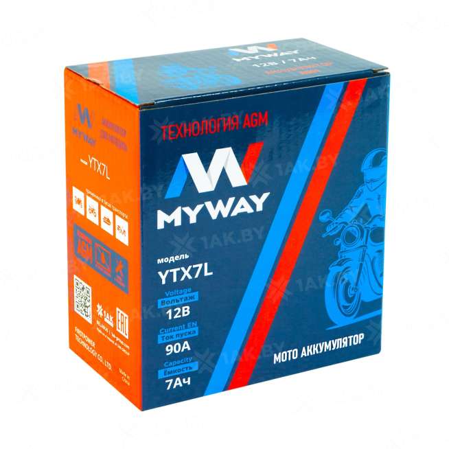 Аккумулятор для мотоцикла MYWAY (7 Ah) 90 A, 12 V Обратная, R+ YTX7L-BS YTX7L (MYWAY) 2