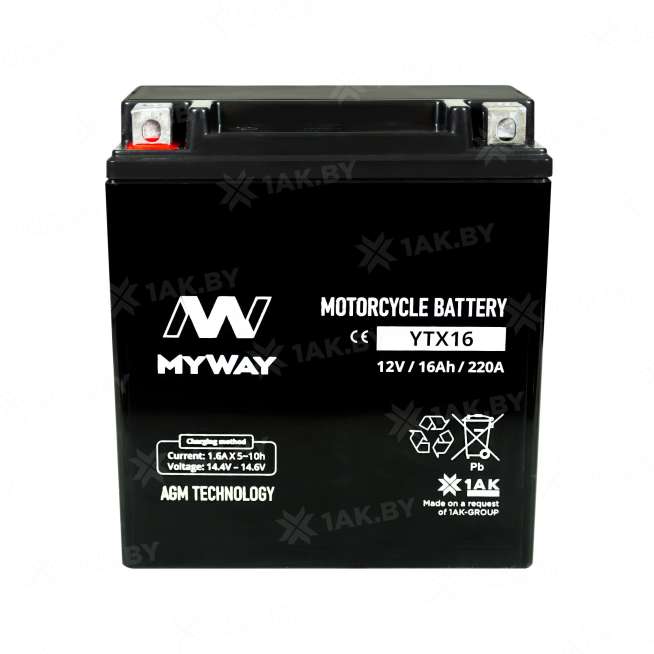 Аккумулятор для мотоцикла MYWAY (16 Ah) 220 A, 12 V Прямая, L+ YTX16-BS YTX16 (MYWAY) 0