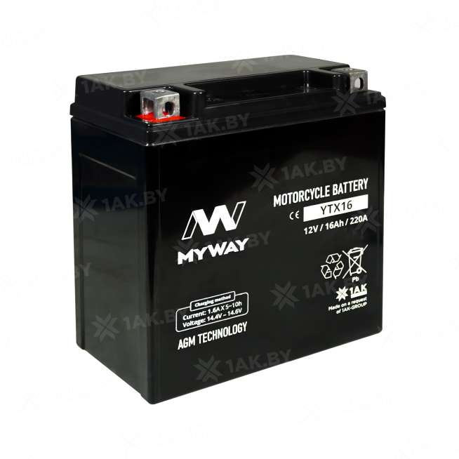 Аккумулятор для мотоцикла MYWAY (16 Ah) 220 A, 12 V Прямая, L+ YTX16-BS YTX16 (MYWAY) 1