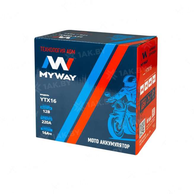 Аккумулятор для мотоцикла MYWAY (16 Ah) 220 A, 12 V Прямая, L+ YTX16-BS YTX16 (MYWAY) 3