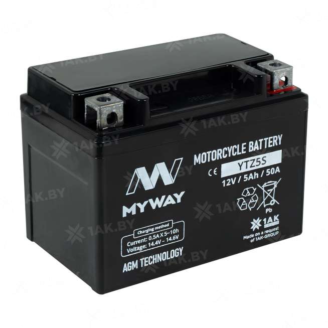 Аккумулятор для мотоцикла MYWAY (5 Ah) 50 A, 12 V Обратная, R+ YTZ5S YTZ5S (MYWAY) 0