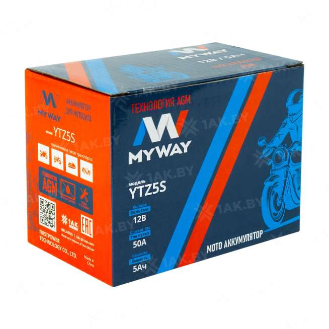 Аккумулятор для мотоцикла MYWAY (5 Ah) 50 A, 12 V Обратная, R+ YTZ5S YTZ5S (MYWAY) 1