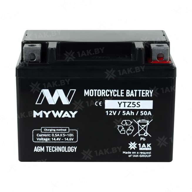 Аккумулятор для мотоцикла MYWAY (5 Ah) 50 A, 12 V Обратная, R+ YTZ5S YTZ5S (MYWAY) 2