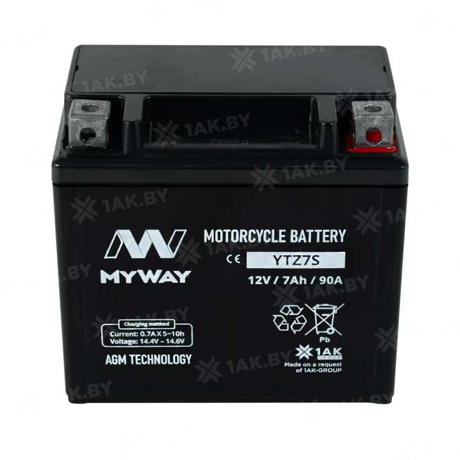 Аккумулятор для мотоцикла MYWAY (7 Ah) 90 A, 12 V Обратная, R+ YTZ7S YTZ7S (MYWAY) 1