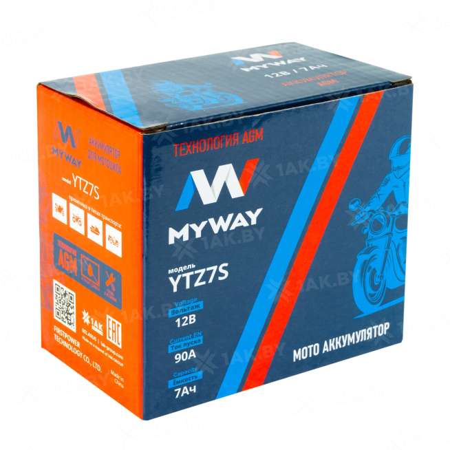 Аккумулятор для мотоцикла MYWAY (7 Ah) 90 A, 12 V Обратная, R+ YTZ7S YTZ7S (MYWAY) 2