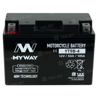 Аккумулятор для мотоцикла MYWAY (9 Ah) 105 A, 12 V Прямая, L+ YT9B-4 YT9B-4 (MYWAY)