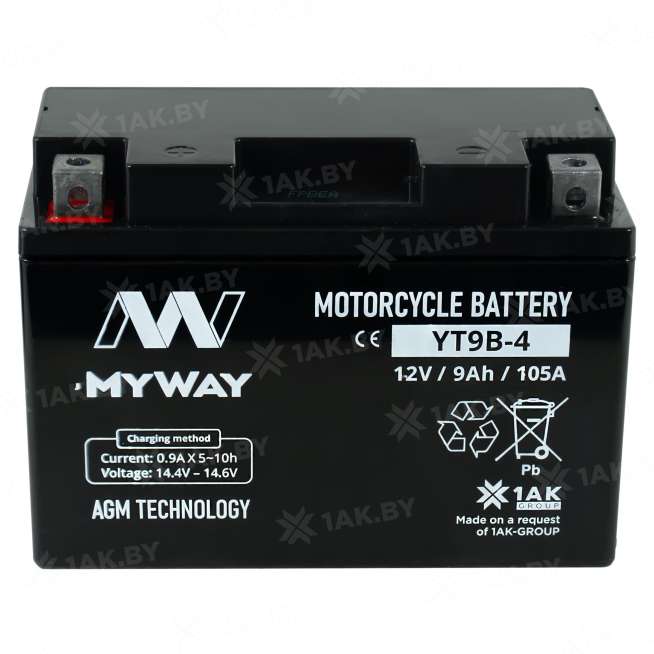 Аккумулятор для мотоцикла MYWAY (9 Ah) 105 A, 12 V Прямая, L+ YT9B-4 YT9B-4 (MYWAY) 0