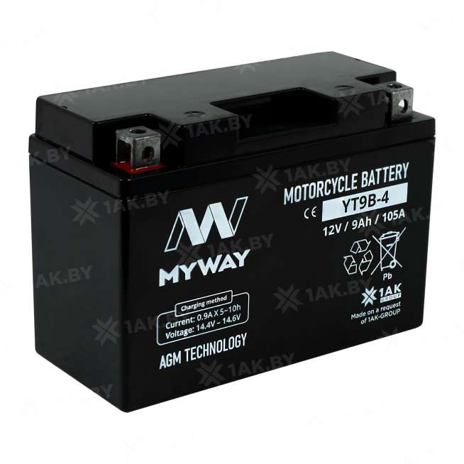 Аккумулятор для мотоцикла MYWAY (9 Ah) 105 A, 12 V Прямая, L+ YT9B-4 YT9B-4 (MYWAY) 2