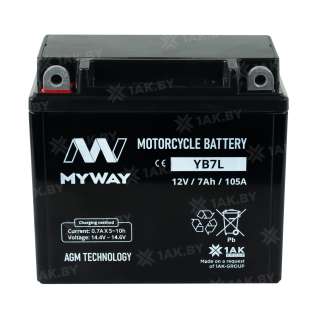 Аккумулятор для мотоцикла MYWAY (7 Ah) 105 A, 12 V Прямая, L+ YB7L-BS YB7L (MYWAY)