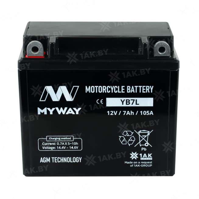Аккумулятор для мотоцикла MYWAY (7 Ah) 105 A, 12 V Прямая, L+ YB7L-BS YB7L (MYWAY) 1