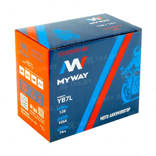 Аккумулятор для мотоцикла MYWAY (7 Ah) 105 A, 12 V Прямая, L+ YB7L-BS YB7L (MYWAY) 2