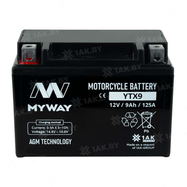 Аккумулятор для мотоцикла MYWAY (9 Ah) 125 A, 12 V Прямая, L+ YT9B-4 YTX9 (MYWAY) 0