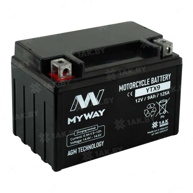 Аккумулятор для мотоцикла MYWAY (9 Ah) 125 A, 12 V Прямая, L+ YT9B-4 YTX9 (MYWAY) 1